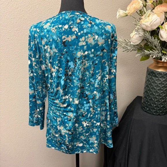 Dana Buchman Teal Abstract Ruched Side Scoop Neck Top XL - Picture 4 of 9